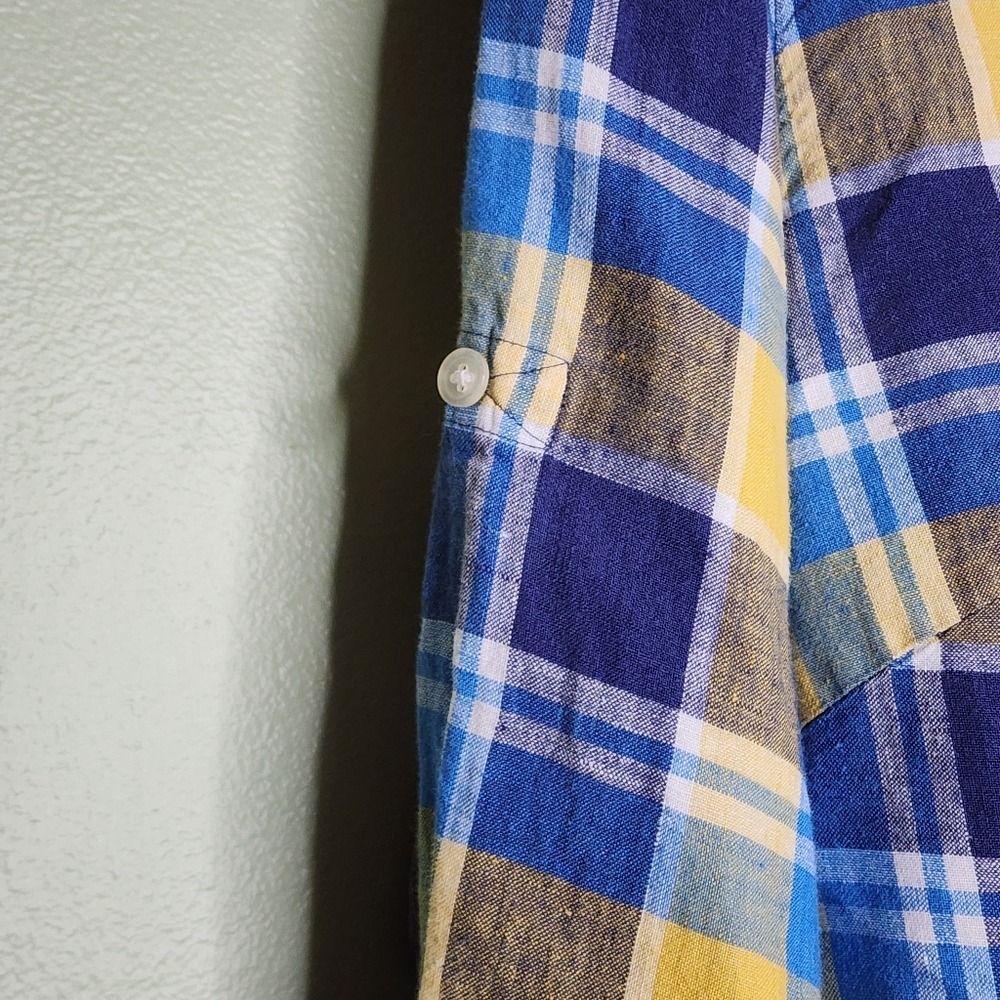 Lauren Ralph Lauren Linen Button Shirt Yellow Blue Paid Roll Tab Preppy 2X - Picture 5 of 5